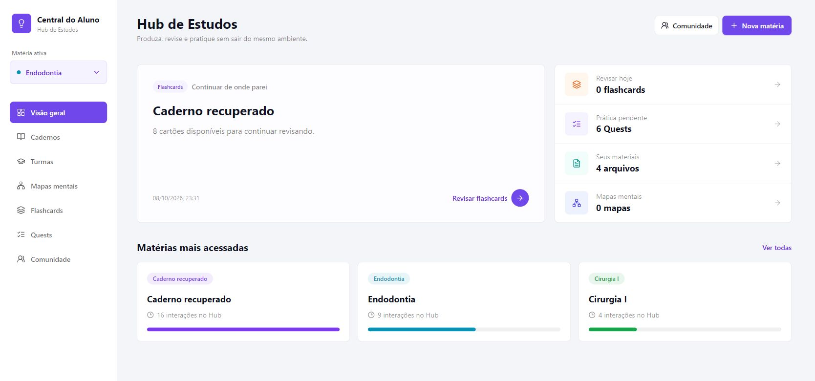 Hub de Estudos atual do Dentoor com ferramentas e matérias organizadas
