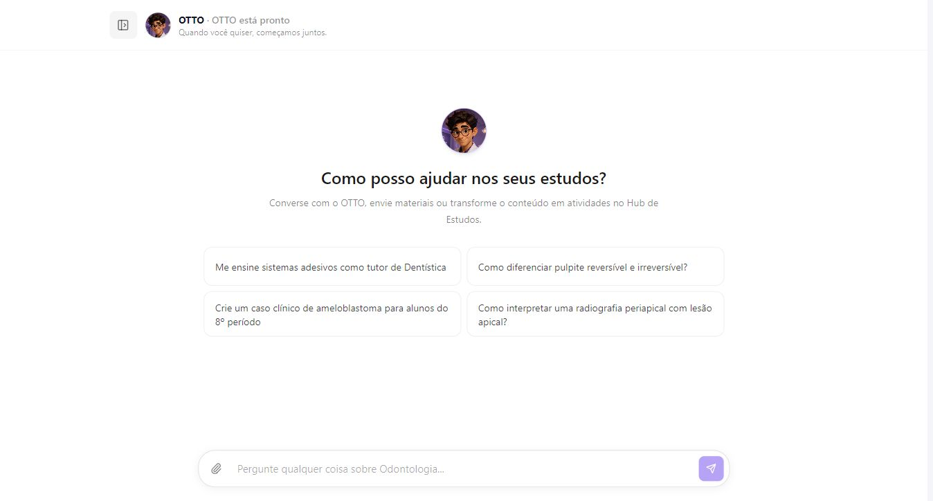 Tela atual do Otto com tutor odontológico, sugestões de estudo e envio de materiais