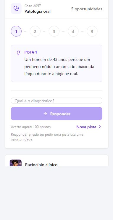 Diagnóstico do Dia atual com pista clínica, resposta e cinco oportunidades no celular