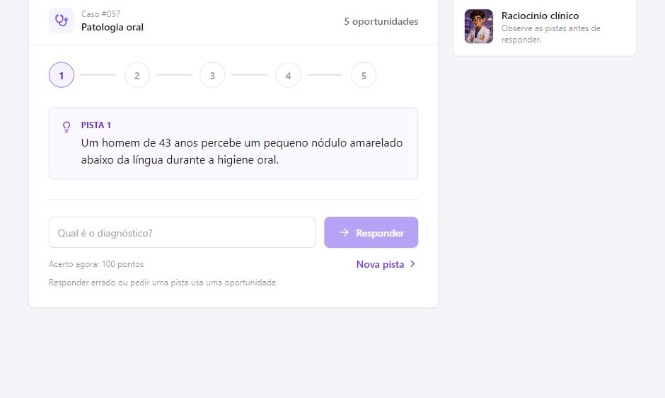 Diagnóstico do Dia atual com pista clínica, resposta e cinco oportunidades no iPad