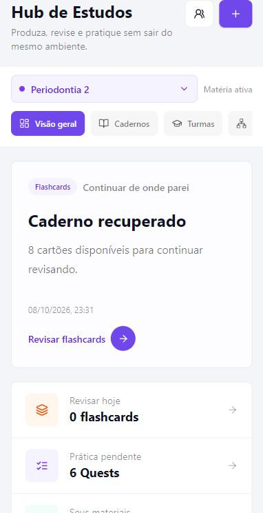 Hub de Estudos atual do Dentoor com ferramentas e matérias organizadas no celular