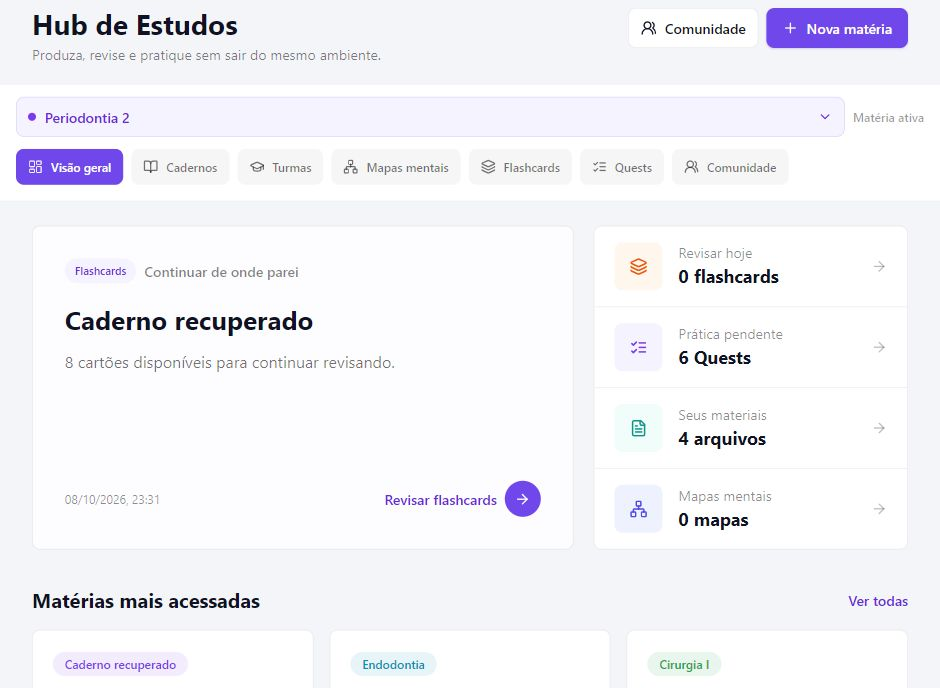 Hub de Estudos atual do Dentoor com ferramentas e matérias organizadas no iPad