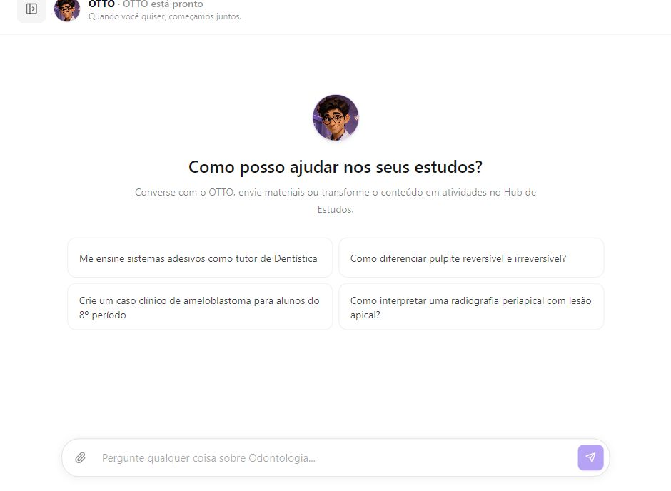 Tela atual do Otto com tutor odontológico, sugestões de estudo e envio de materiais no iPad